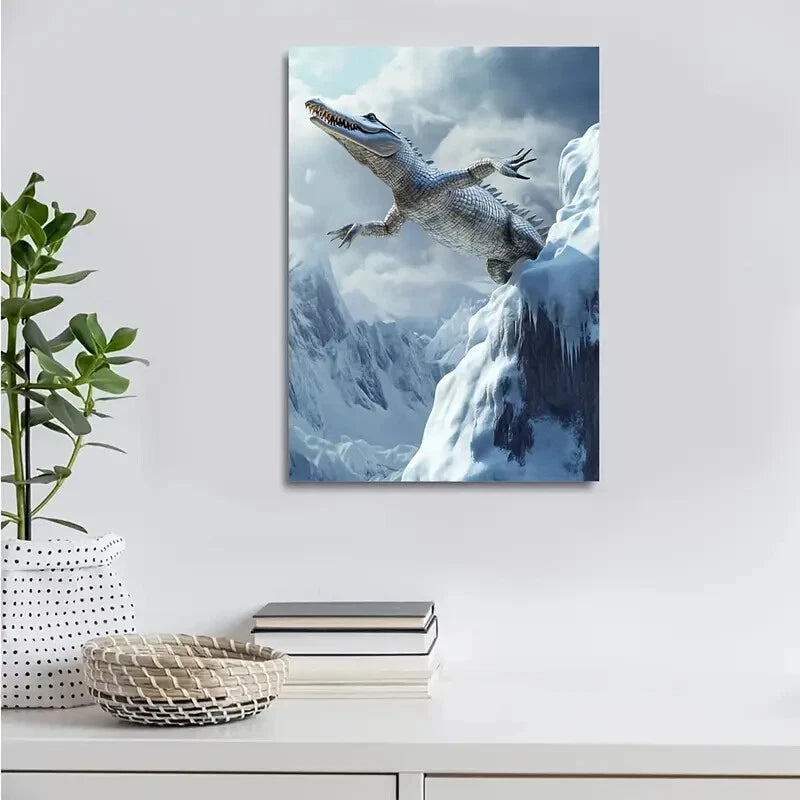 Crocodile Leaping On Snowy Mountain Painting 40x60cm Metal Print Ready to Hang