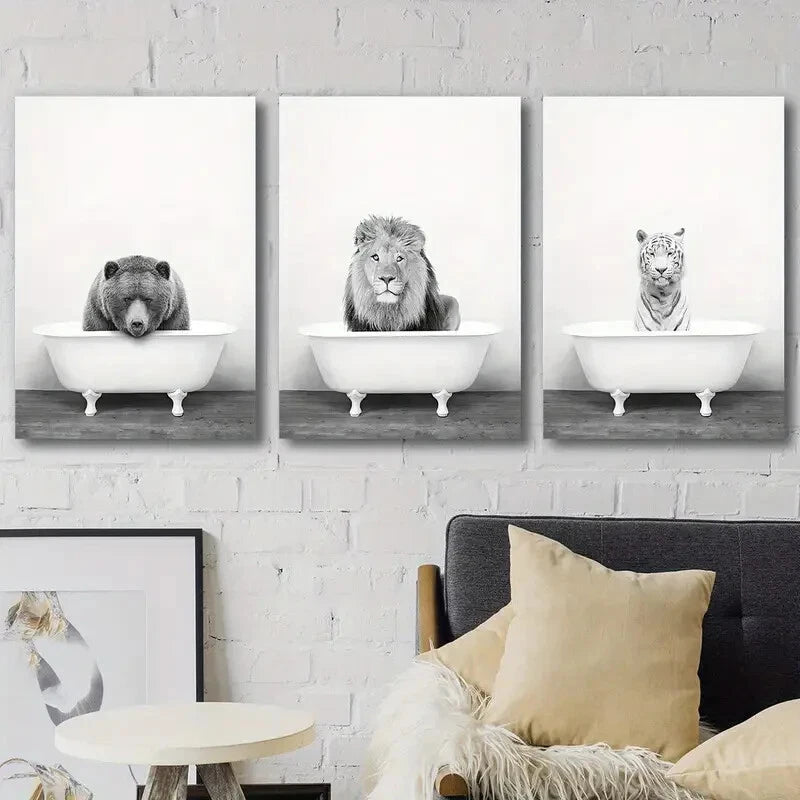 3pcs Vintage Black White Bear Lion Tiger Perfect Wall Art Set Canvas Framed 40x60cm - High Quality Print 100% Australian Made Wall Canvas Ready to Hang