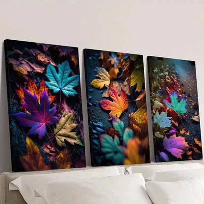3pcs Colorful Maple Leaf Falling on the Ground Wall Art Canvas Unframed - High Quality Print 100% Australian Made Wall Canvas