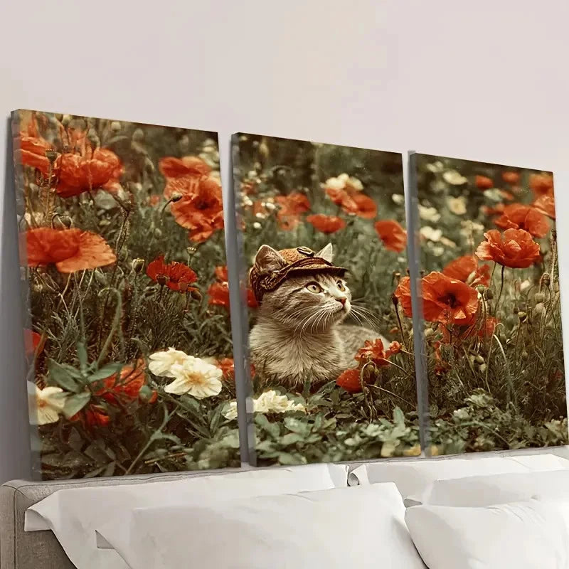3pcs Cat in Poppy Field, Kitten, Cute Wall Art Set Canvas Framed 50x70cm - High Quality Print 100% Australian Made Wall Canvas Ready to Hang