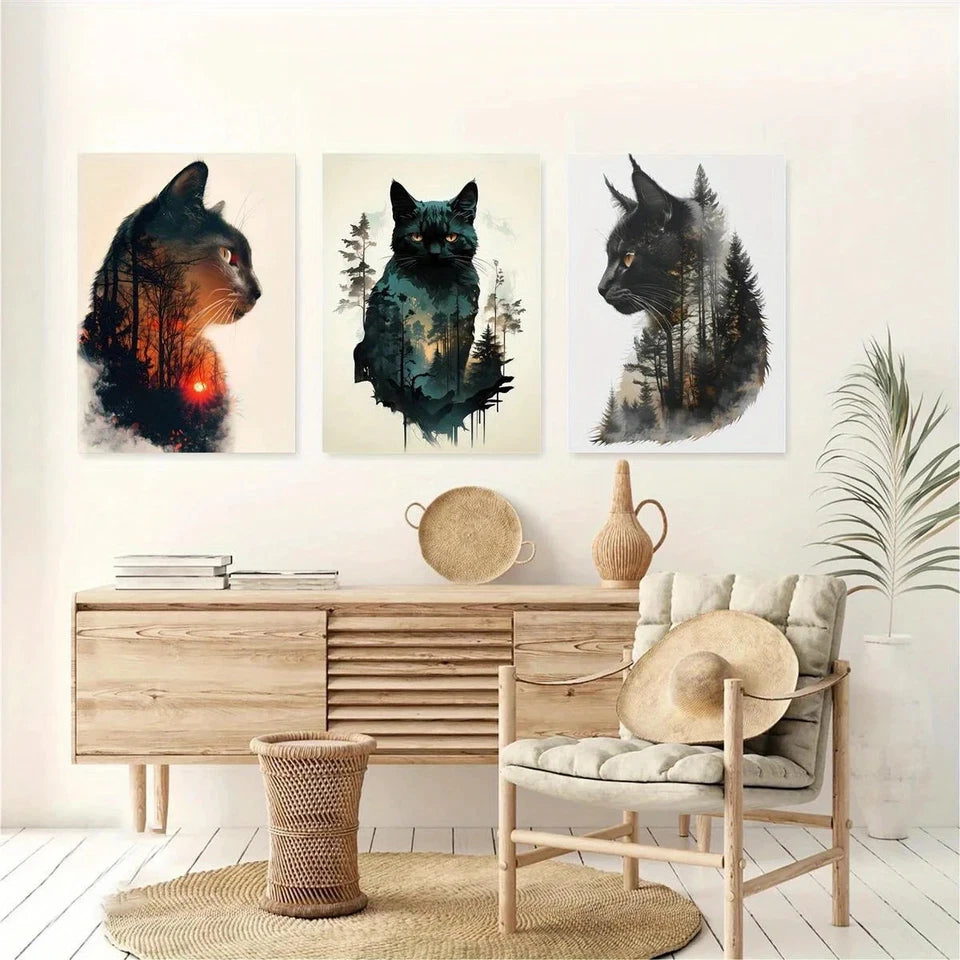 3pcs Cat & Forest Animal Themed Metal Print Ready to Hang Art