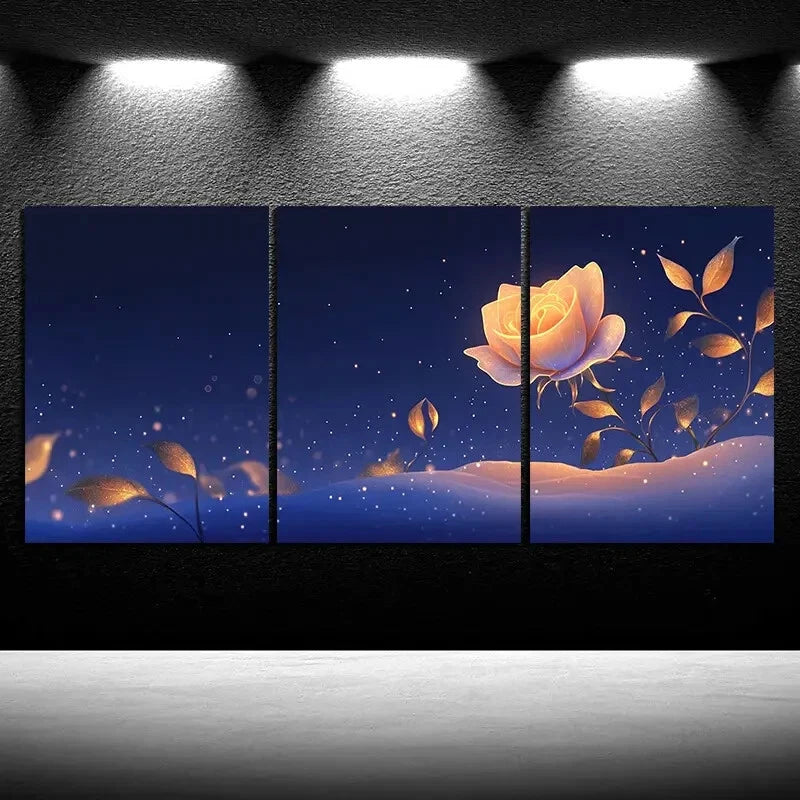 3pcs Beautiful Rose Golden Flower Metal Print Ready to Hang Art