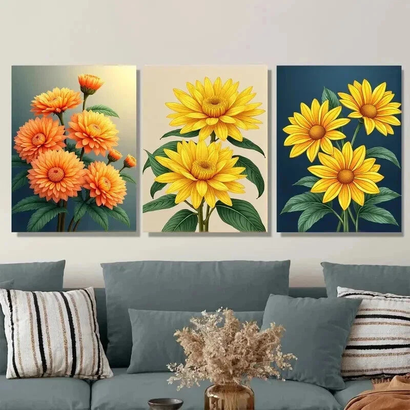 3pcs Vibrant Sunflower Orange Floral Dark Blue Wall Art Set Canvas Framed 50x70cm - High Quality Print 100% Australian Made Wall Canvas Ready to Hang