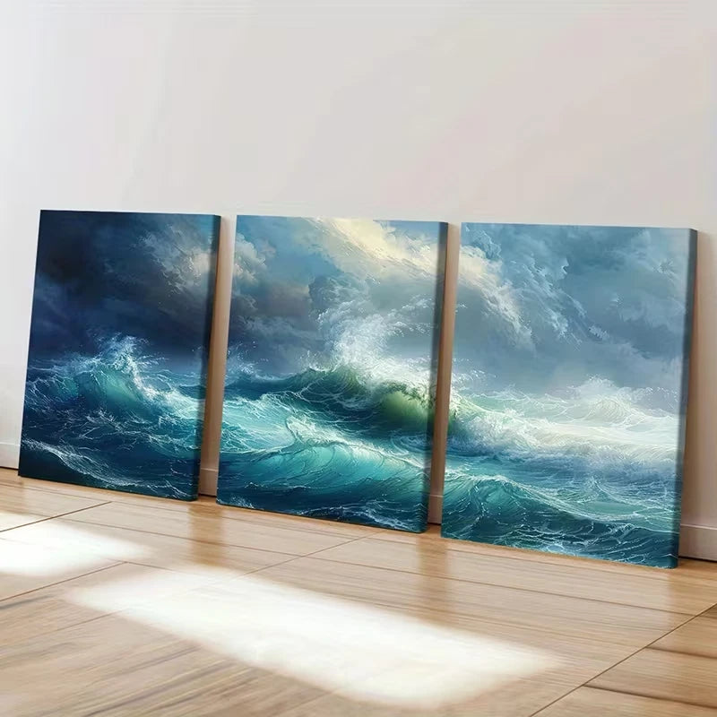 3pcs Turquoise Blue Stormy Seascape  Wall Art Set Canvas Framed 60x90cm - High Quality Print 100% Australian Made Wall Canvas Ready to Hang