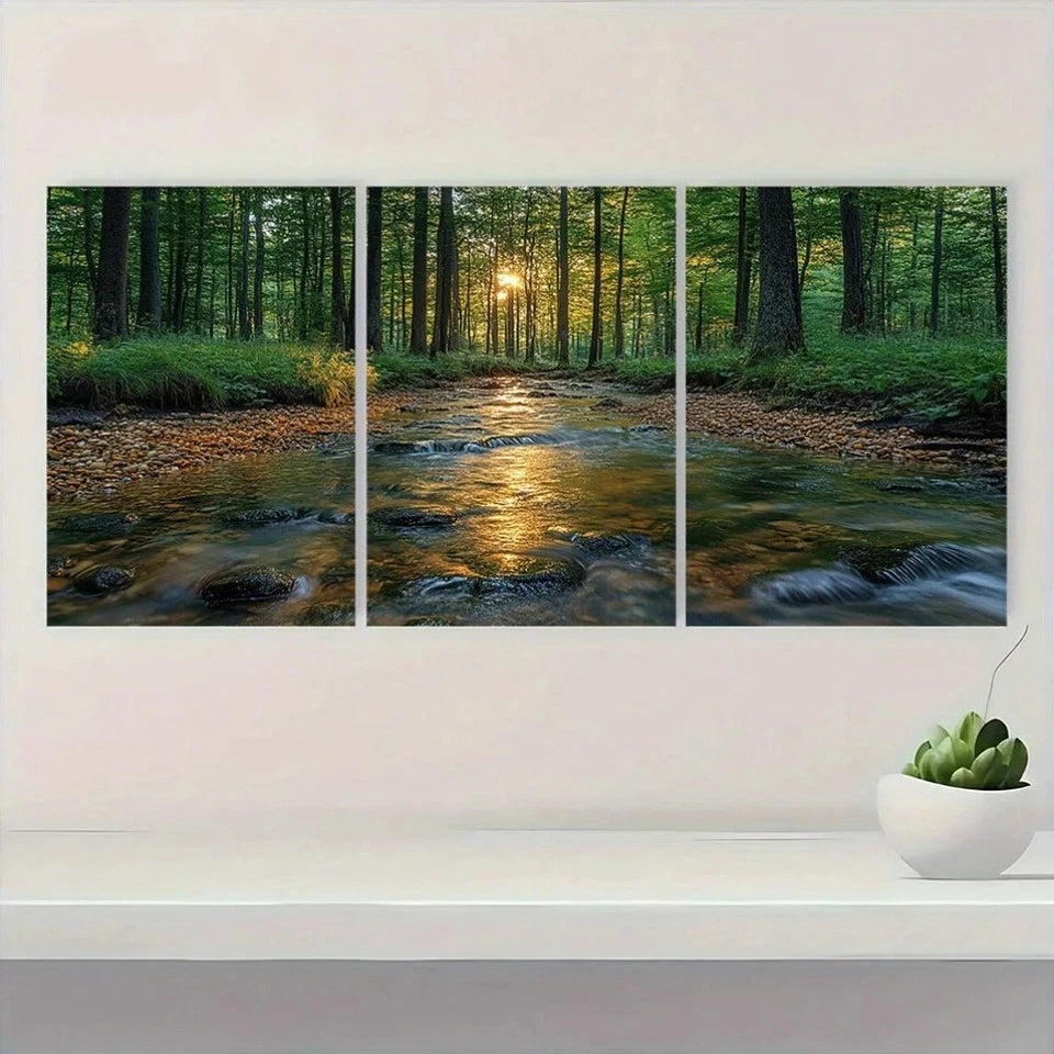3pcs Serene Forest Stream Scene Metal Print Ready to Hang Art
