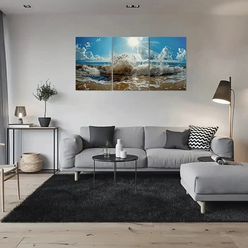 3pcs Beach Waves Ocean Sunset Metal Print Ready to Hang Art