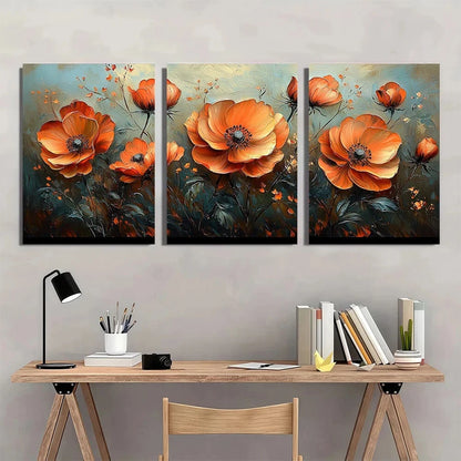 3pcs Painting Flowers Paintings Orange Metal Print Ready to Hang Art