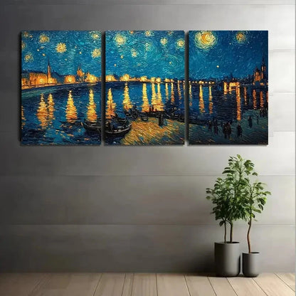 3pcs Swirling Stars and Peaceful Village Metal Print Ready to Hang Art