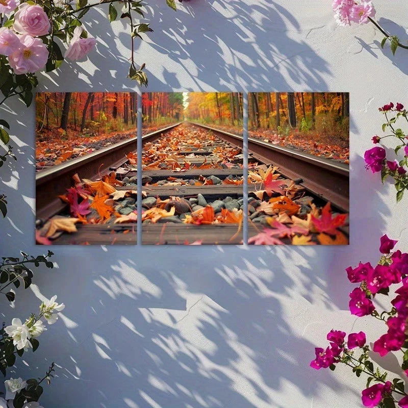 3pcs Fallen Leaves and Rocks on Railway Track Metal Print Ready to Hang Art