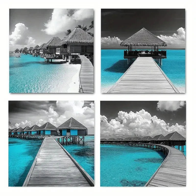 4pcs Turquoise Grey And Teal Ocean Maldives Wall Art Canvas Framed
