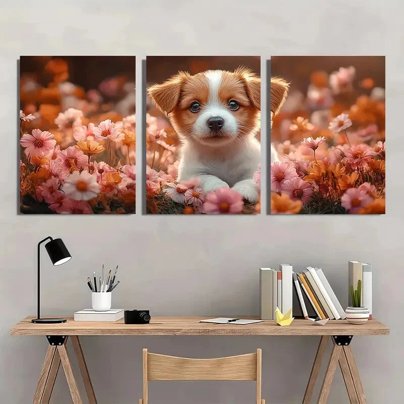 3pcs Adorable Puppy & Floral Modern Style Metal Print Ready to Hang Art