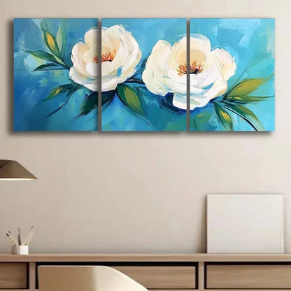 3pcs White Flowers with Blue Leaves Floral Décor Wall Art Set Canvas Unframed - High Quality Print 100% Australian Made Wall Canvas