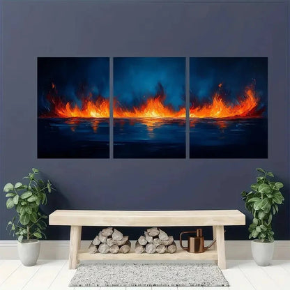 3pcs Abstract Blue & Orange Vibrant Fire Metal Print Ready to Hang Art