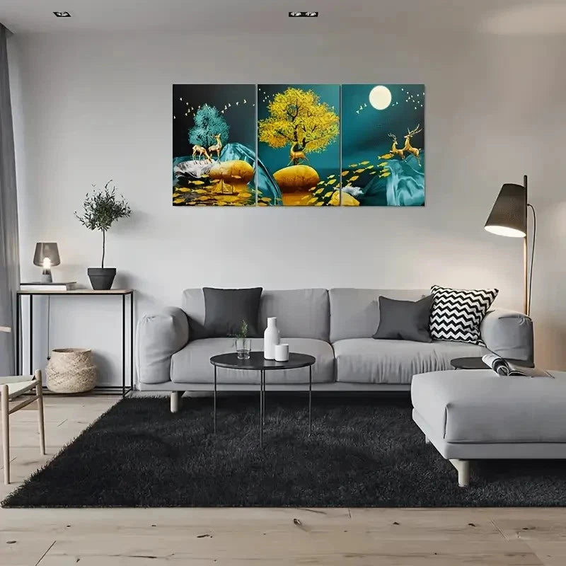 3pcs Golden Blue Deer and Tree Wall Art Set Canvas Framed 40x60cm - High Quality Print 100% Australian Made Wall Canvas Ready to Hang