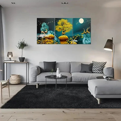 3pcs Golden Blue Deer and Tree Wall Art Set Canvas Framed 40x60cm - High Quality Print 100% Australian Made Wall Canvas Ready to Hang