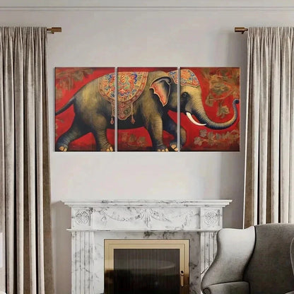 3pcs Elephant Indian Style on Vintage Red Wall Art Set Canvas Framed 40x60cm - High Quality Print 100% Australian Made Wall Canvas Ready to Hang
