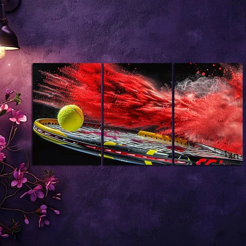 3pcs Yellow Tennis Ball Impacting a Racket Metal Print Ready to Hang Art