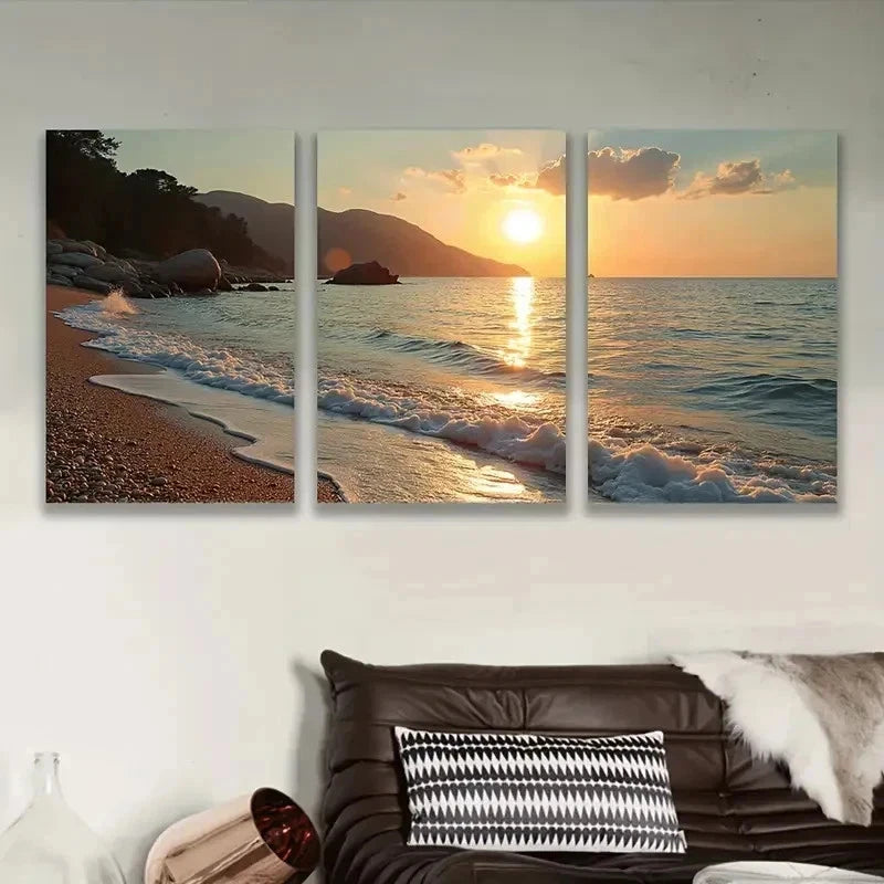 3pcs Sunset On The Rocks Wall Art Set Canvas Framed 40x60cm - High Quality Print 100% Australian Made Wall Canvas Ready to Hang