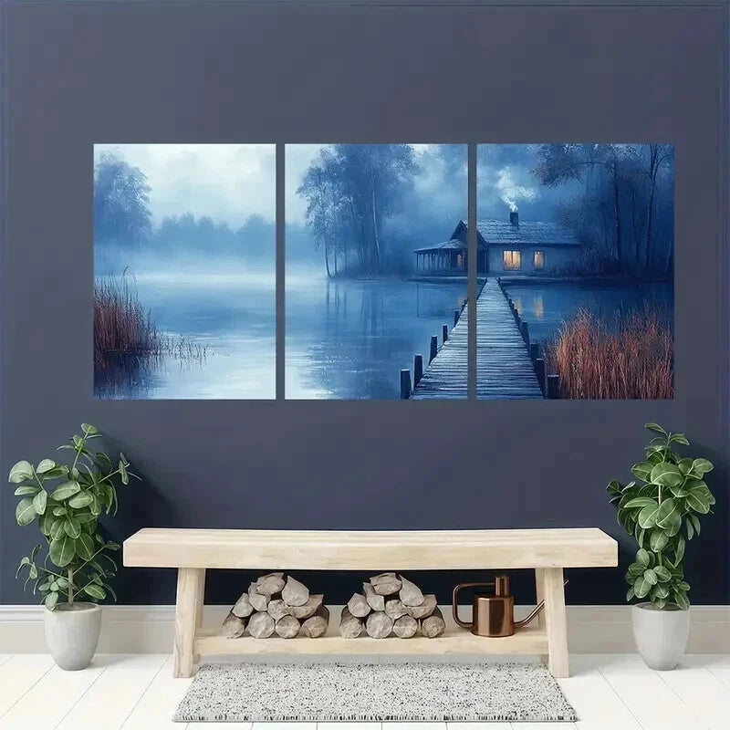 3pcs Misty Country House Near a Lake Wall Art Set Canvas Framed 40x60cm - High Quality Print 100% Australian Made Wall Canvas Ready to Hang