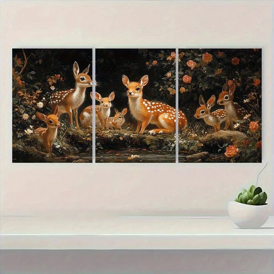 3pcs Fox Hedgehog Rabbit & Sika Deer Forest Metal Print Ready to Hang Art