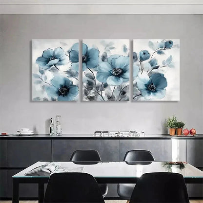 3pcs Elegant Blue Floral Blooming Flower Perfect Wall Art Set Canvas Framed 60x90cm - High Quality Print 100% Australian Made Wall Canvas Ready to Hang