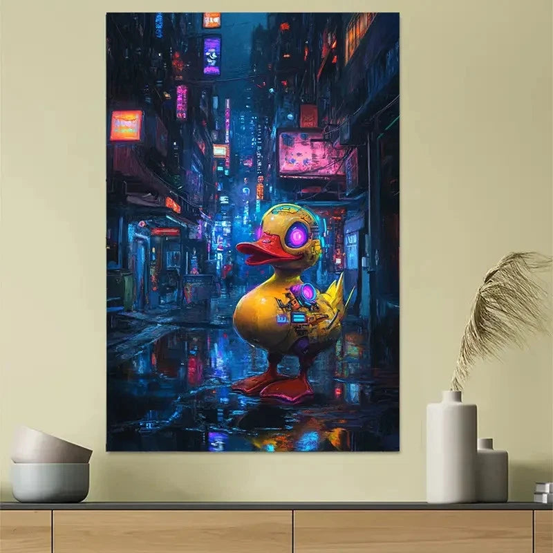 Cyberpunk Mechanical Duck Cityscape Poster 40x60cm Metal Print Ready to Hang