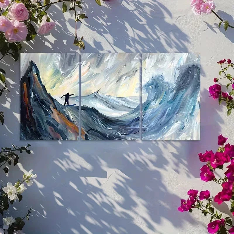 3pcs Waves Challenge a Surfer’s Willpower Metal Print Ready to Hang Art