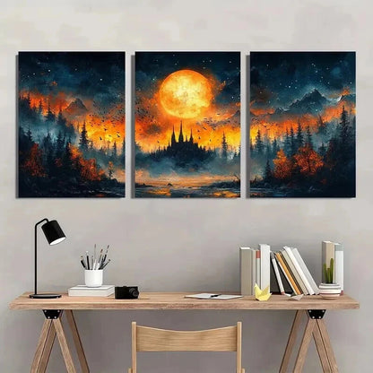 3pcs Mystical Night Scene with Full Moon Wall Art Set Canvas Framed 40x60cm - High Quality Print 100% Australian Made Wall Canvas Ready to Hang