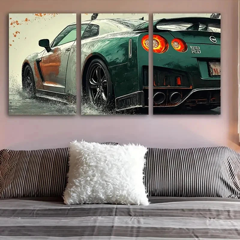 3pcs Green R35 GT-R Sport Car Abstract Wall Art Set Canvas Framed 60x90cm - High Quality Print 100% Australian Made Wall Canvas Ready to Hang