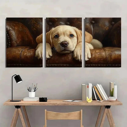 3pcs Adorable Puppy on Couch Decoration Wall Art Set Canvas Framed 40x60cm - High Quality Print 100% Australian Made Wall Canvas Ready to Hang