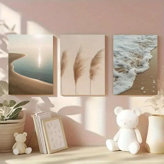 3pcs Beach Scenes Pampas Grass And Waves Metal Print Ready to Hang Art