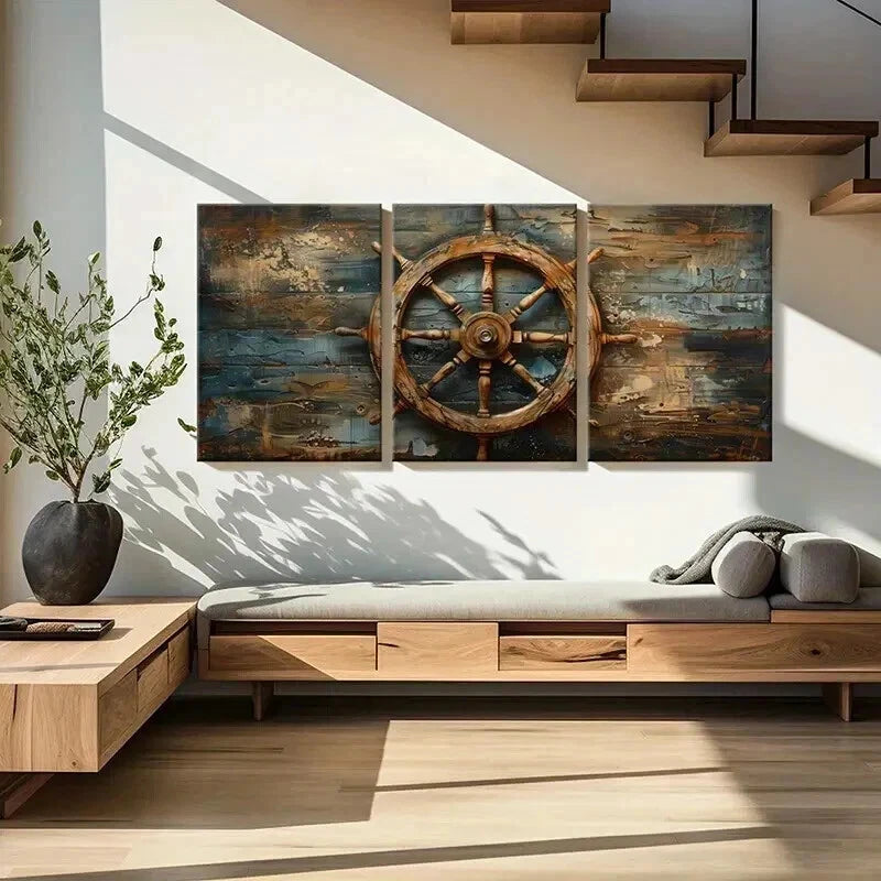 3pcs Nautical Ship Wheel Artwork Vintage Wall Art Set Canvas Framed 40x60cm - High Quality Print 100% Australian Made Wall Canvas Ready to Hang
