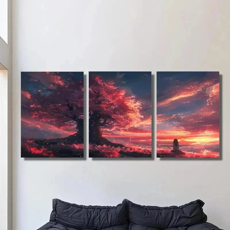 3pcs Girl Beneath a Cherry Blossom Tree Wall Art Set Canvas Framed 40x60cm - High Quality Print 100% Australian Made Wall Canvas Ready to Hang