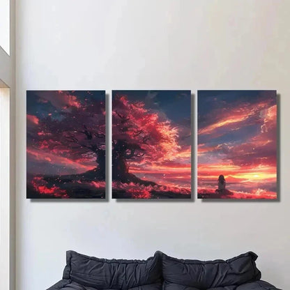 3pcs Girl Beneath a Cherry Blossom Tree Wall Art Set Canvas Framed 40x60cm - High Quality Print 100% Australian Made Wall Canvas Ready to Hang