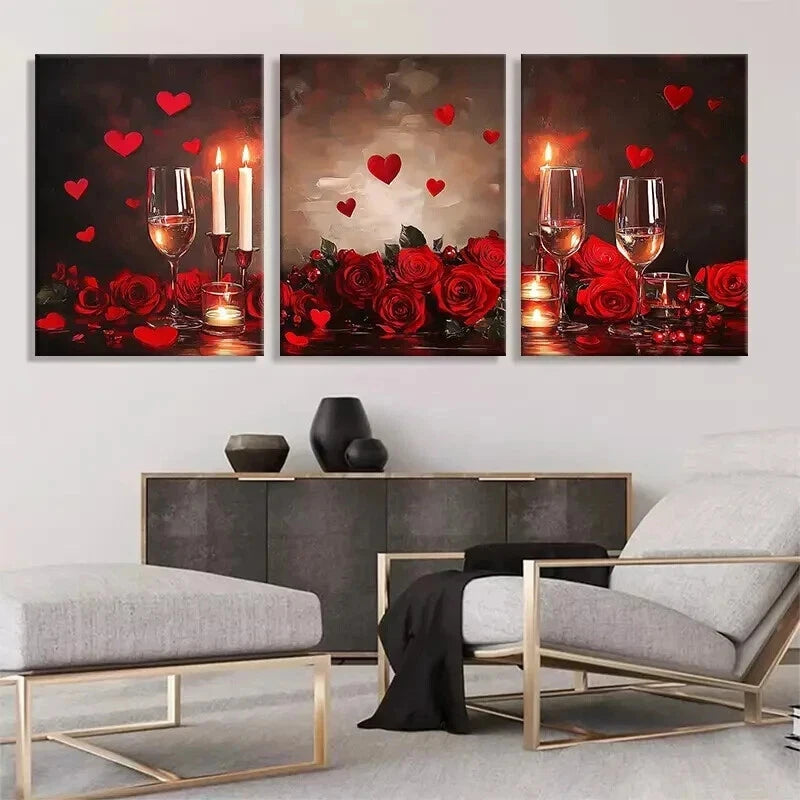 3pcs Romantic Red Roses Wine Glasses Perfect Wall Art Set Canvas Framed 40x60cm - High Quality Print 100% Australian Made Wall Canvas Ready to Hang