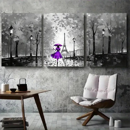 3pcs Paris Rainy Night Eiffel Tower Purple Metal Print Ready to Hang Art