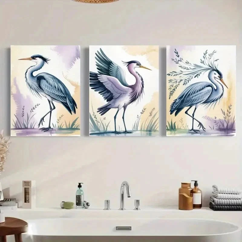 3pcs Heron Animal Purple & Blue Hues Metal Print Ready to Hang Art