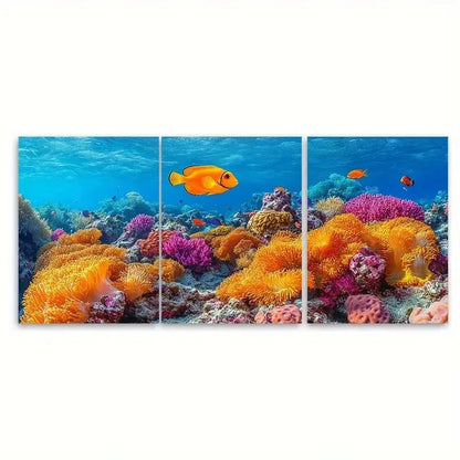 3pcs Underwater Paradise with Marine Life NJ Wall Art Set Canvas Framed 50x70cm - High Quality Print 100% Australian Made Wall Canvas Ready to Hang