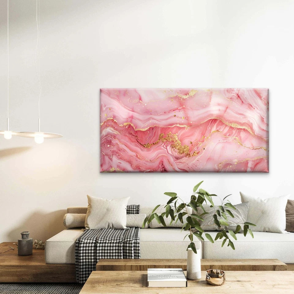 Rose Quartz Gold Abstract Wall Art Canvas Office Home Room Framed 120x60cm