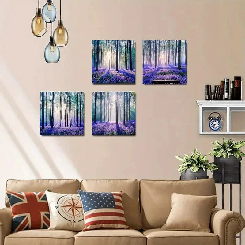 4pcs  Enchanting Forests with Purple Lavender Flo Wall Art Canvas Framed