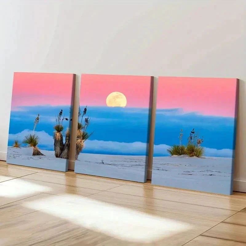 3pcs Moon & Beach Natural Landscape Modern Wall Art Set Canvas Framed 40x60cm - High Quality Print 100% Australian Made Wall Canvas Ready to Hang