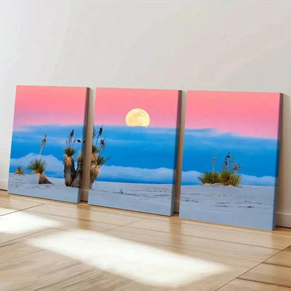 3pcs Moon & Beach Natural Landscape Modern Wall Art Set Canvas Framed 40x60cm - High Quality Print 100% Australian Made Wall Canvas Ready to Hang