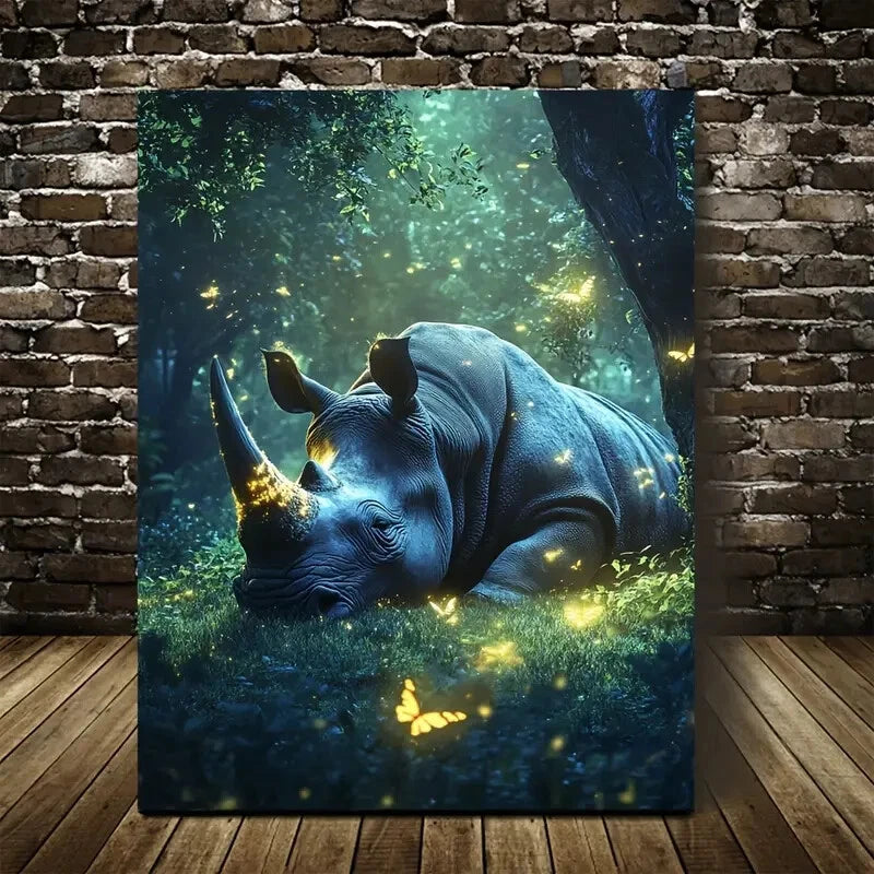 Fantasy Rhino in Magical Forest Painting 40x60cm Metal Print Ready to Hang