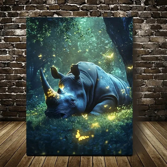 Fantasy Rhino in Magical Forest Painting 40x60cm Metal Print Ready to Hang