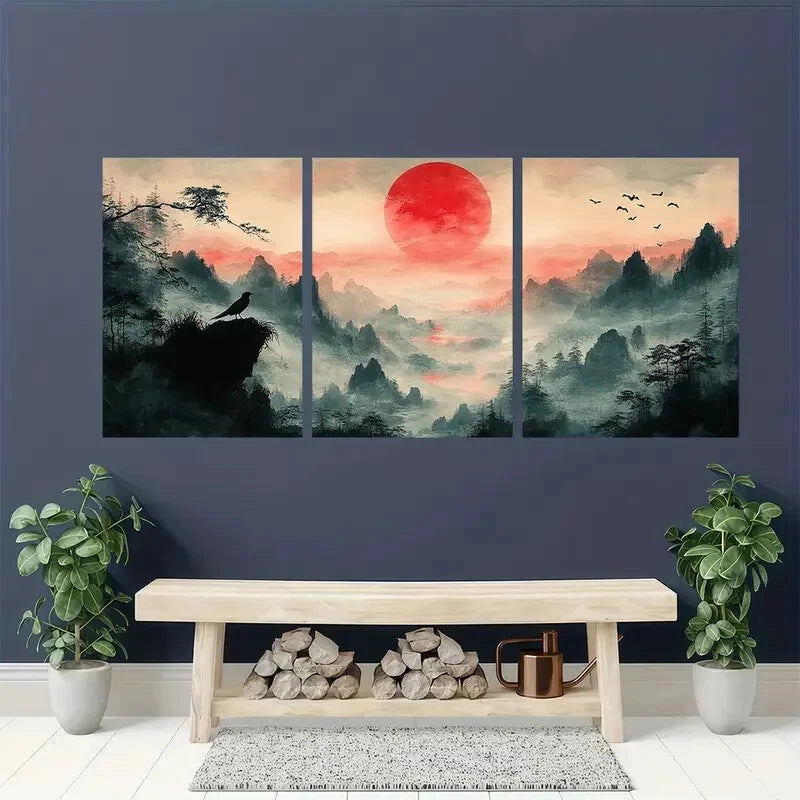3pcs Japanese-Inspired Mountain Morning Painting Metal Print Ready to Hang Art
