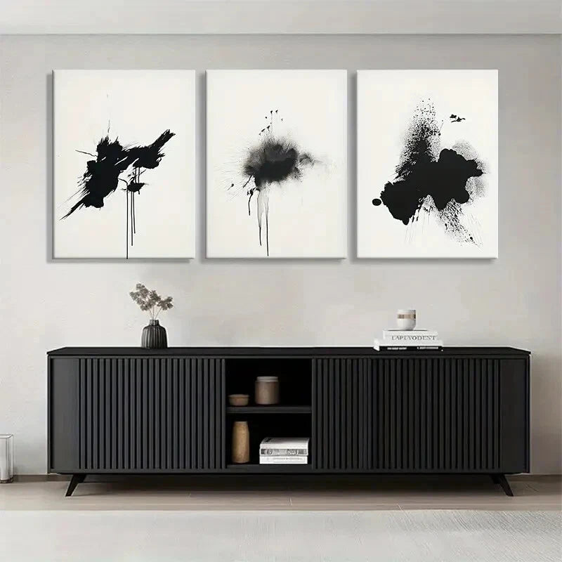 3pcs Black Ink Abstract Splatter Modern Perfect Wall Art Set Canvas Framed 40x60cm - High Quality Print 100% Australian Made Wall Canvas Ready to Hang