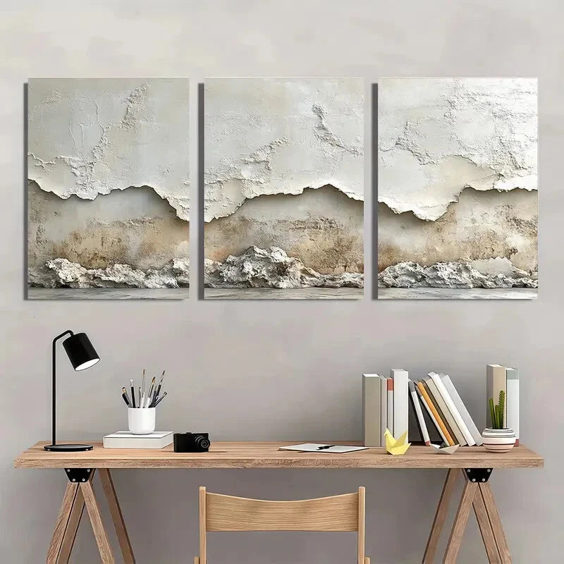 3pcs Minimalist Beige Textured Wall Art Metal Print Ready to Hang Art