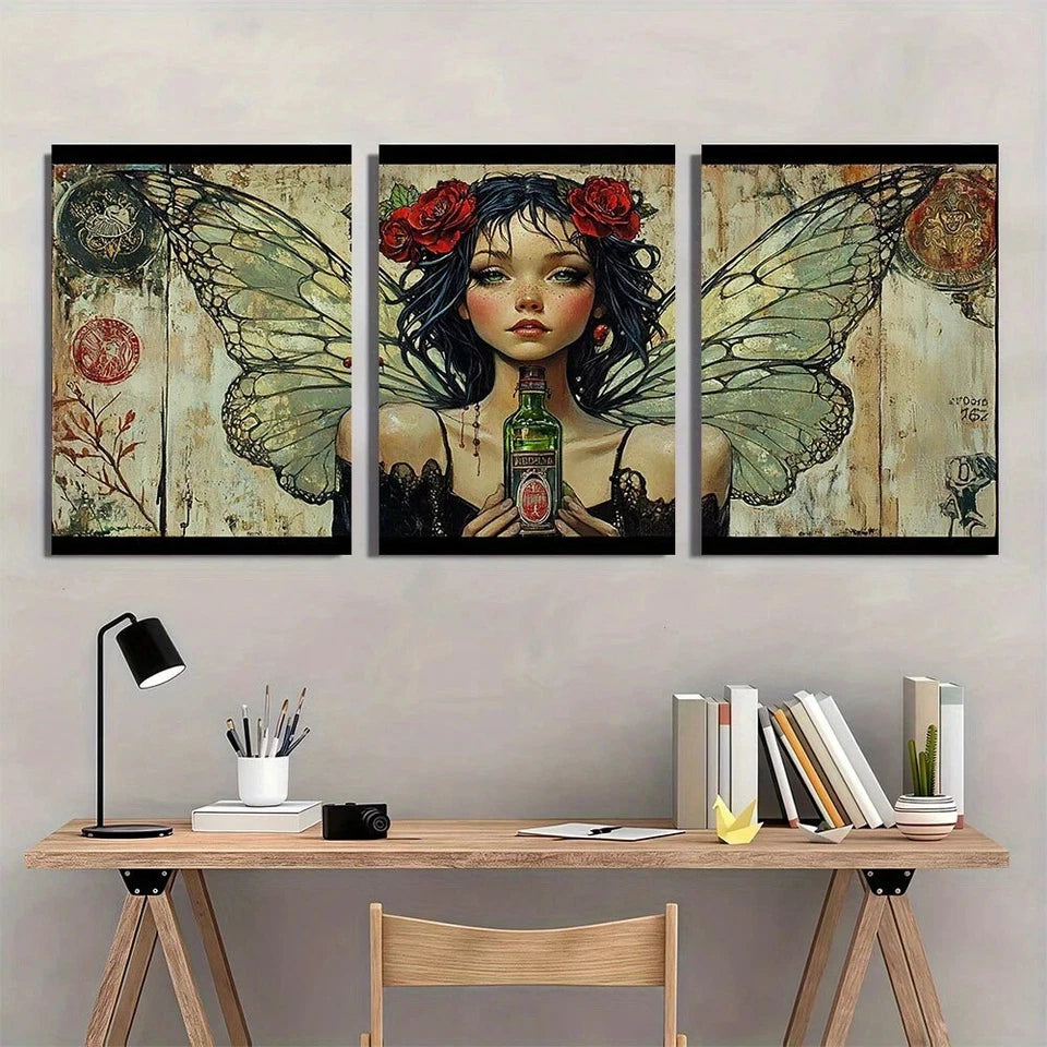 3pcs Green Fairy with Roses & Absinthe Metal Print Ready to Hang Art