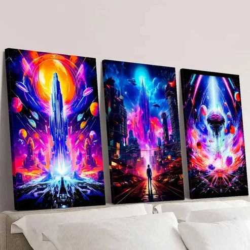 3pcs Neon Sci-Fi Universe Planet & Future Wall Art Canvas Unframed – High Quality Print 100% Australian Made Wall Canvas