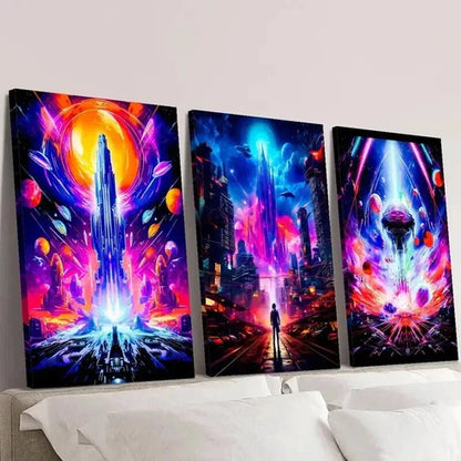 3pcs Neon Sci-Fi Universe Planet & Future Wall Art Canvas Unframed – High Quality Print 100% Australian Made Wall Canvas